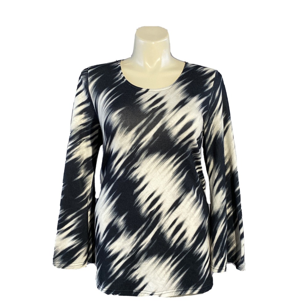 Womens L Tunic Top Cream Black Tie Dye Open Split Back Weekend‎ Suzanne Flare Sl